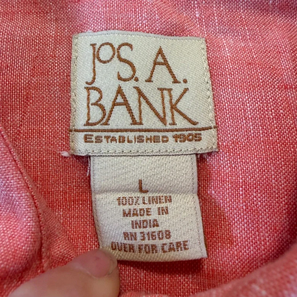 Jos A Bank Mens Large Coral Pink 100% Linen Button Down Beach Coastal Resort - Picture 2 of 7